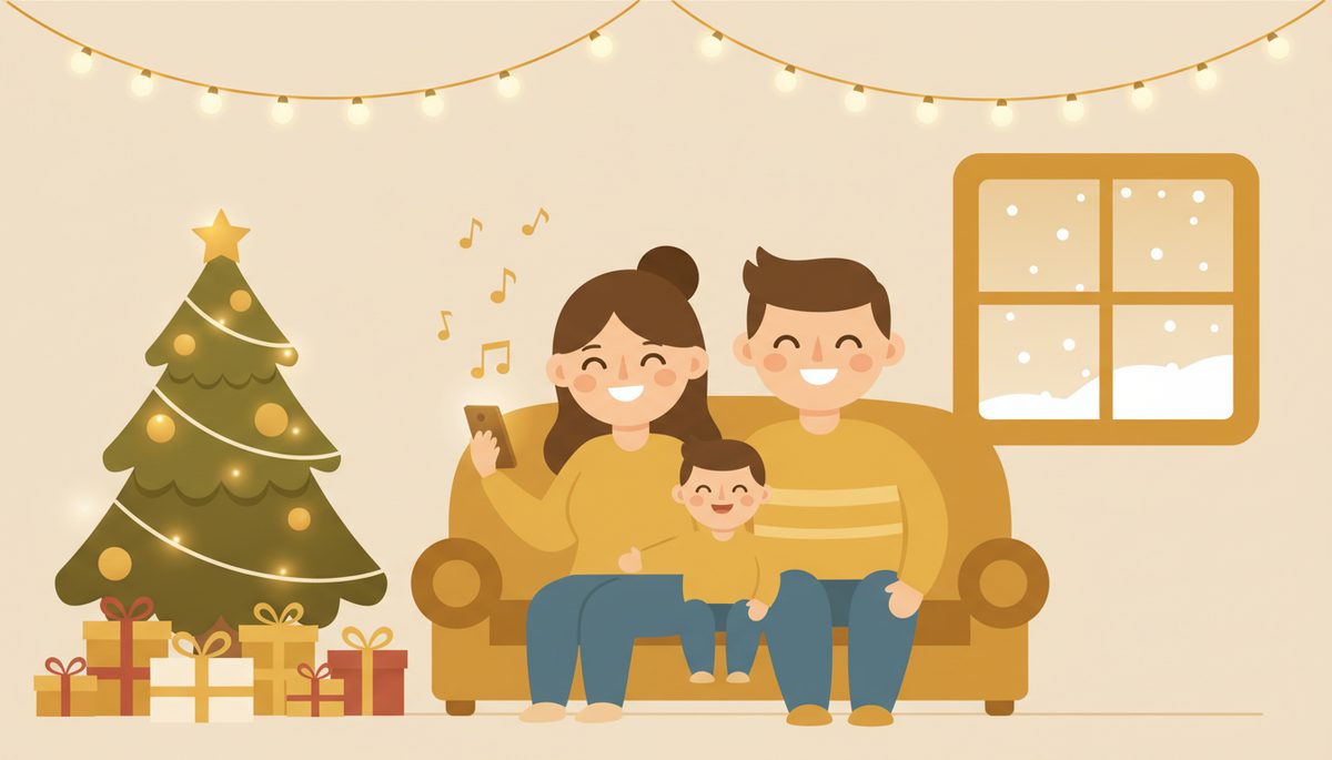 Una familia escuchando junta una canción de Navidad personalizada al lado del árbol